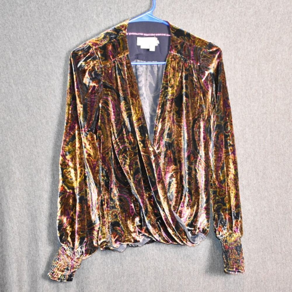 Anthropologie Women's XS Velvet Wrap Blouse Multicolor Long Sleeve Boho